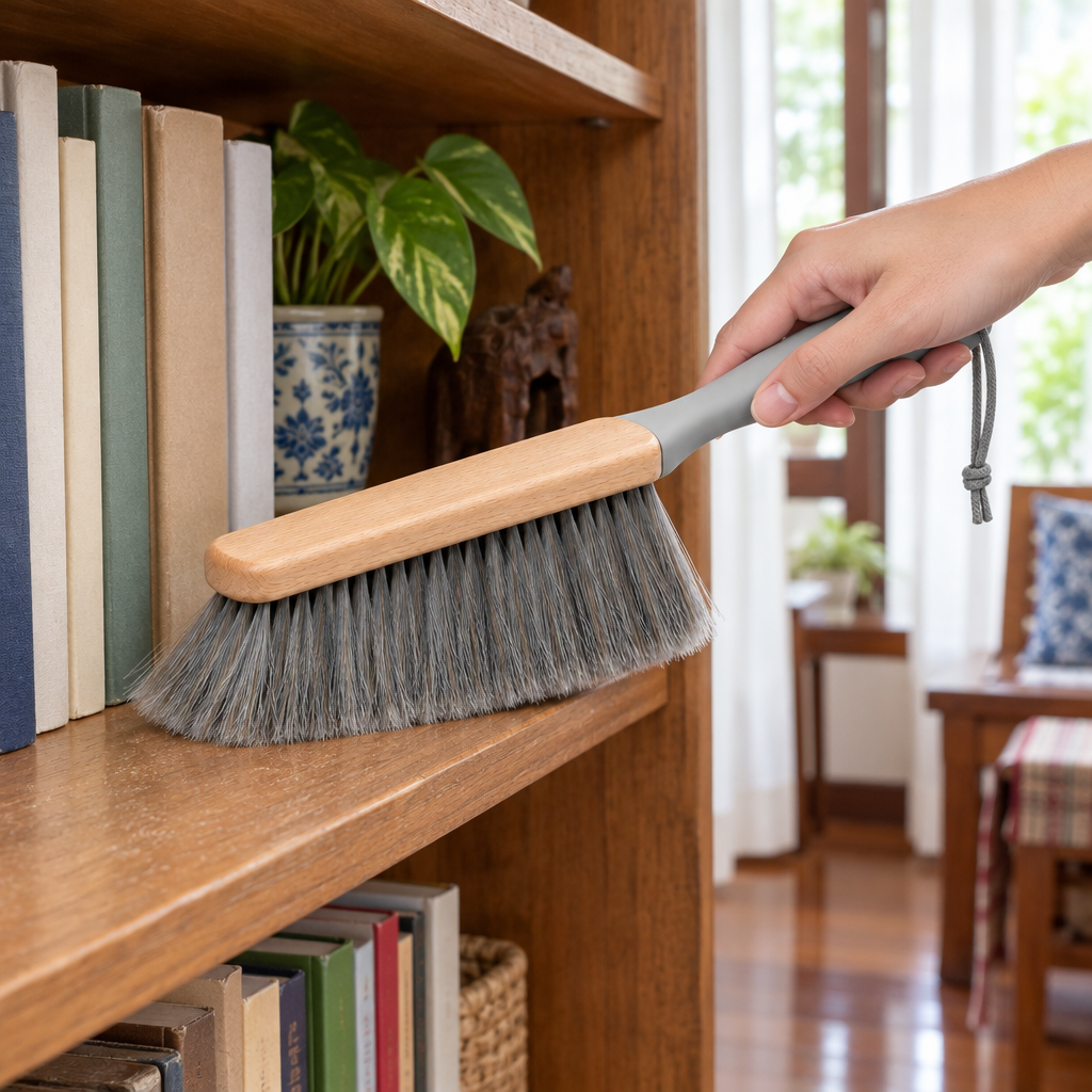 Household dusting brush held by hand sweeping dust across a wooden bookshelf in a Thai home living room