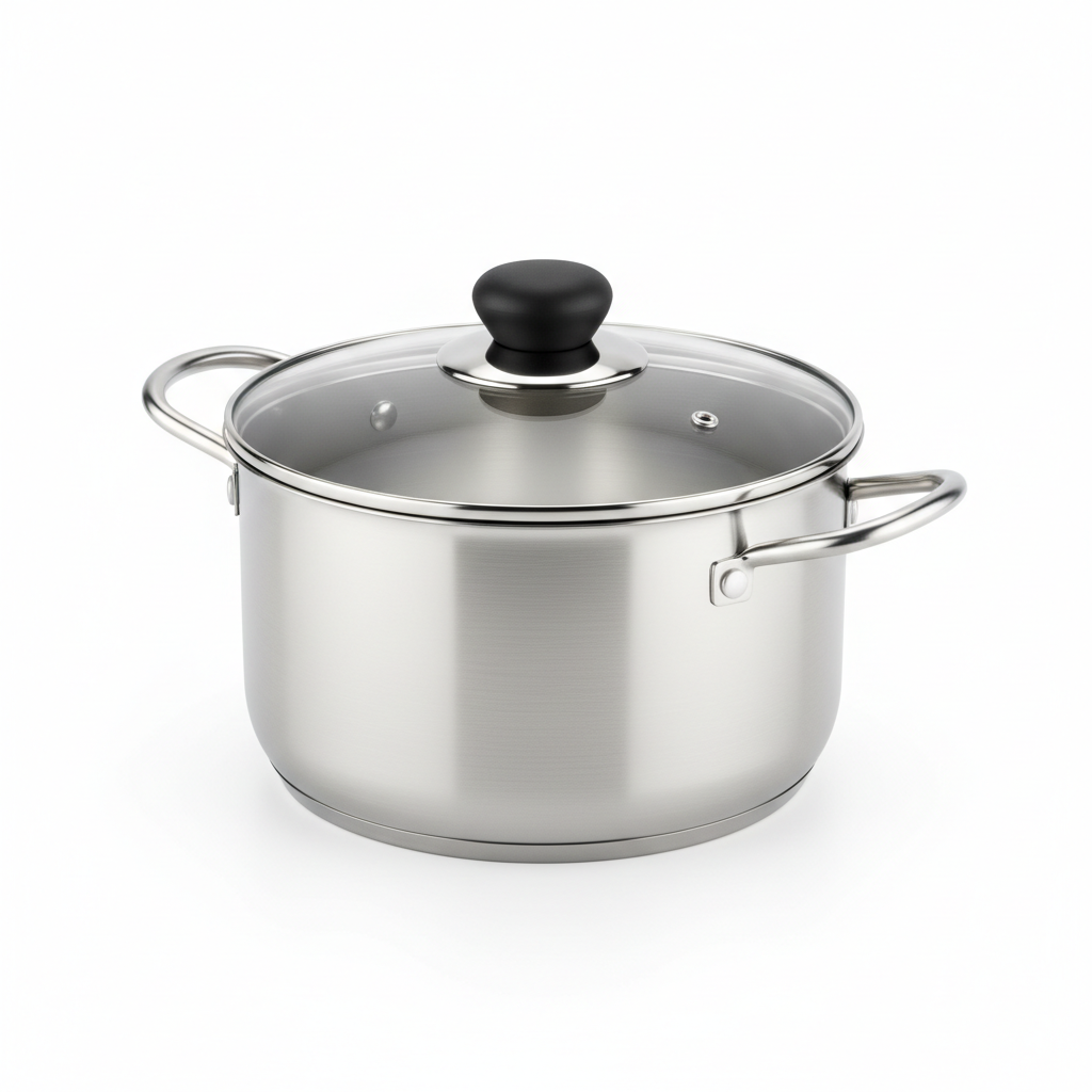 Classic stainless steel cooking stockpot with transparent tempered glass lid and dual side loop handles on a white background.
