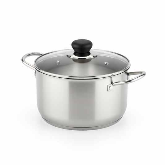 Classic stainless steel cooking stockpot with transparent tempered glass lid and dual side loop handles on a white background.