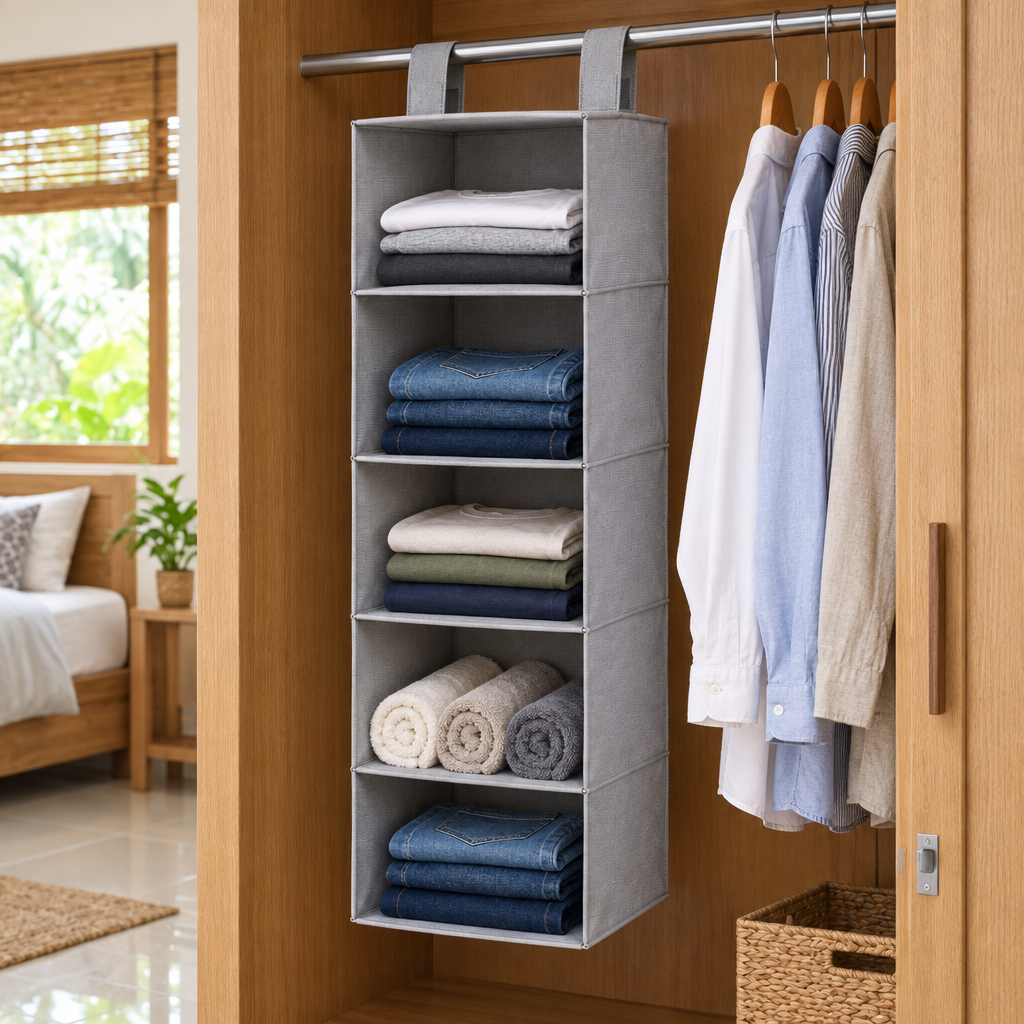 Hanging closet organizer on a wardrobe rail holding folded t-shirts, jeans and towels