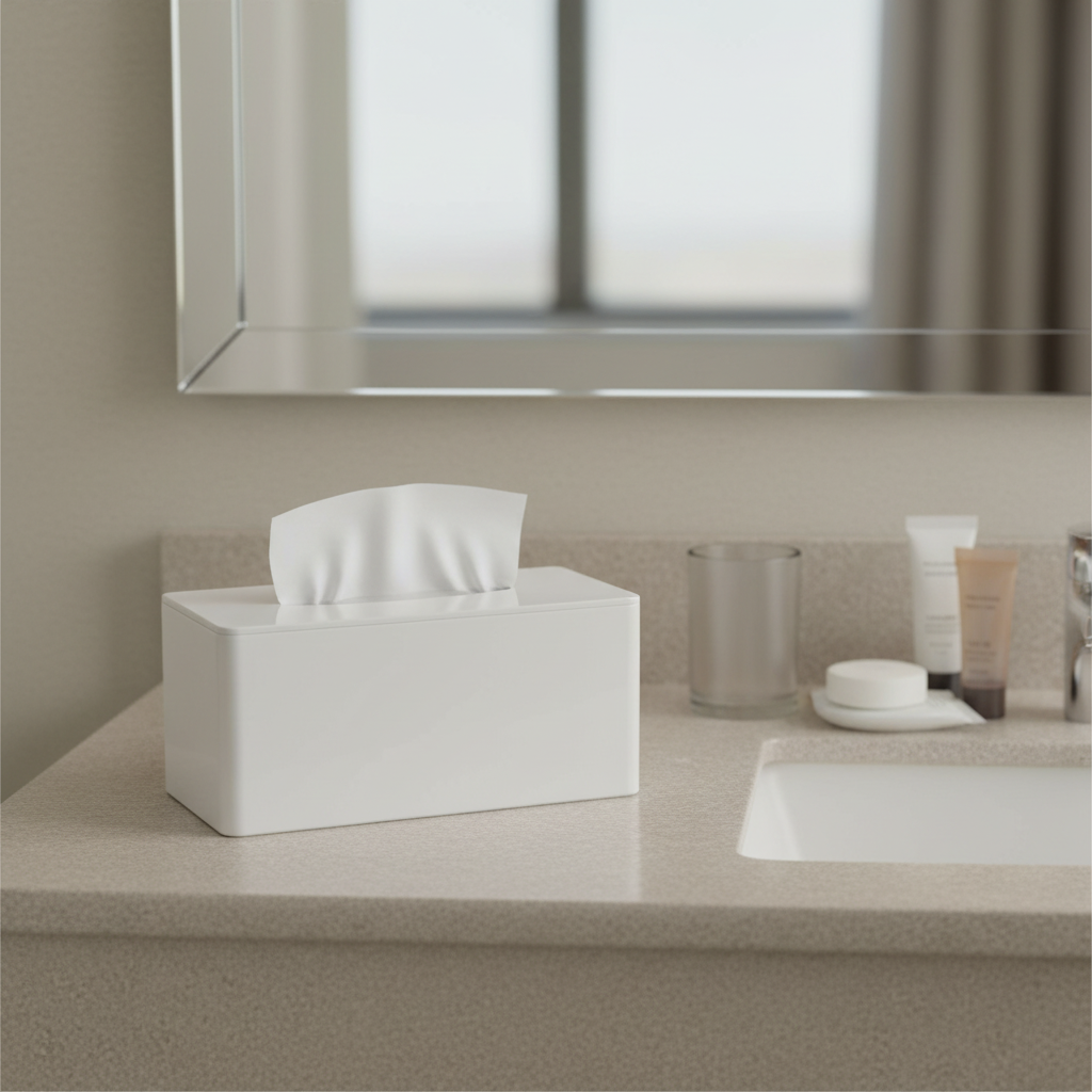 White acrylic hotel tissue box cover on neutral beige stone bathroom vanity counter beside frosted tumbler cup and toiletries, practical international hotel bathroom presentation