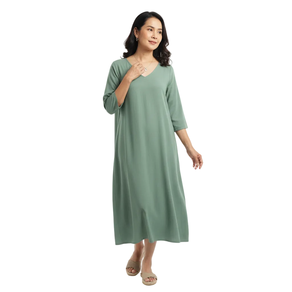 Front view of three-quarter sleeve v-neck casual dress on white background