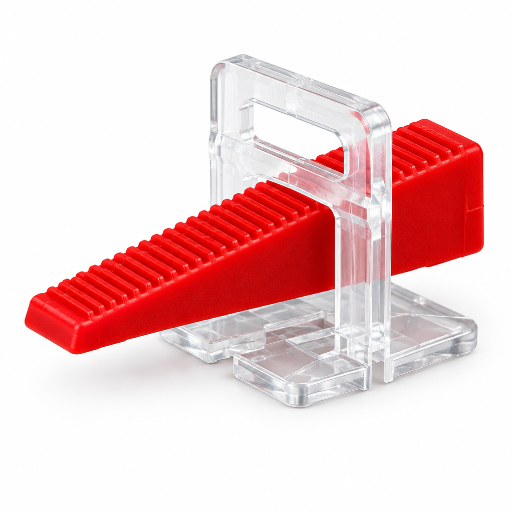 Macro close-up of tile leveling clip and red serrated wedge locked together showing ratchet teeth and break-off slot