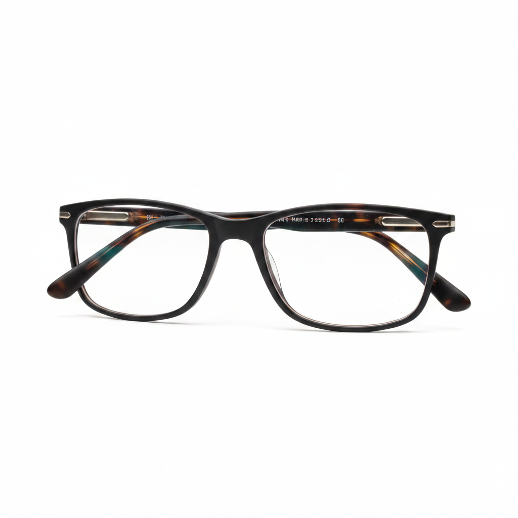 Three-quarter side angle profile view of coated reading glasses on white background