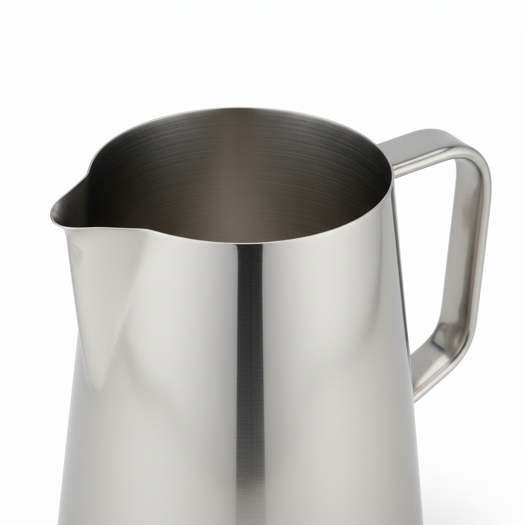 Close-up of ice-guard spout and handle on stainless steel water pitcher