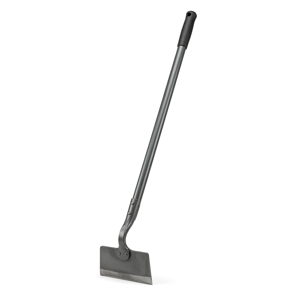 Single complete long-handled garden draw hoe with forged rectangular blade and curved gooseneck shank on pure white background