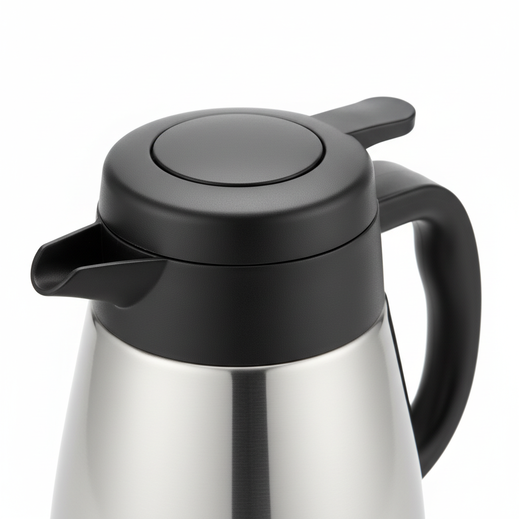 Close-up of push-button thumb lever and pour spout on stainless steel thermal carafe