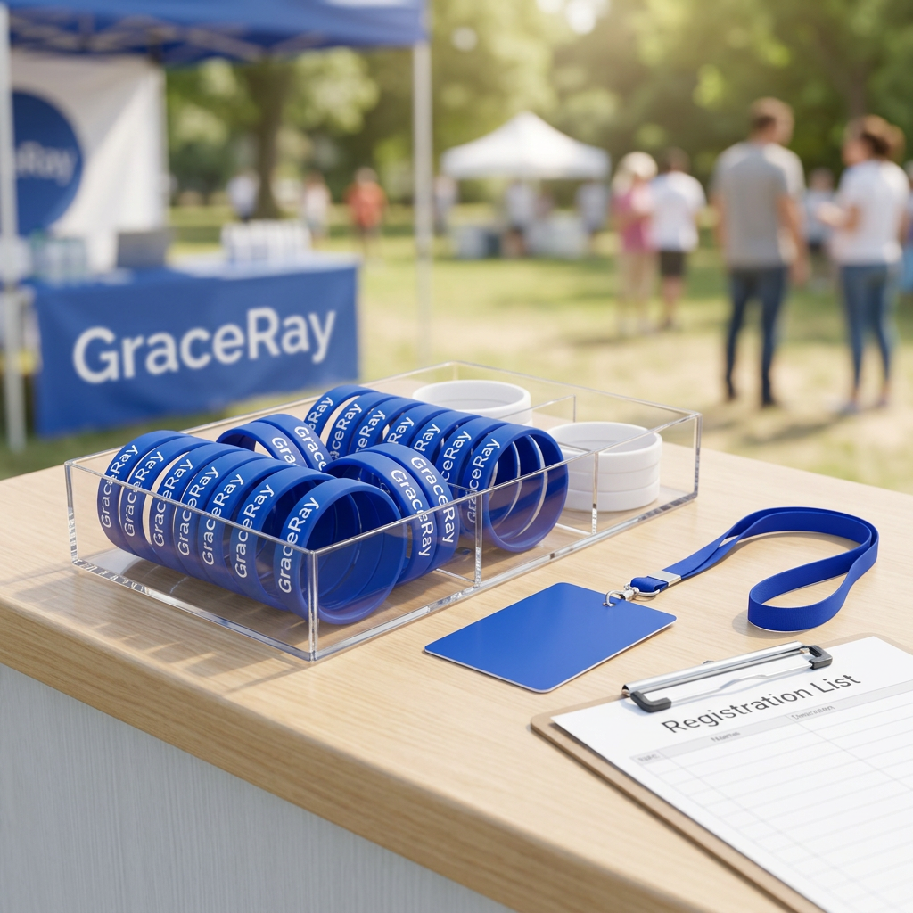 Custom printed silicone wristbands neatly displayed in an acrylic tray on an event registration desk