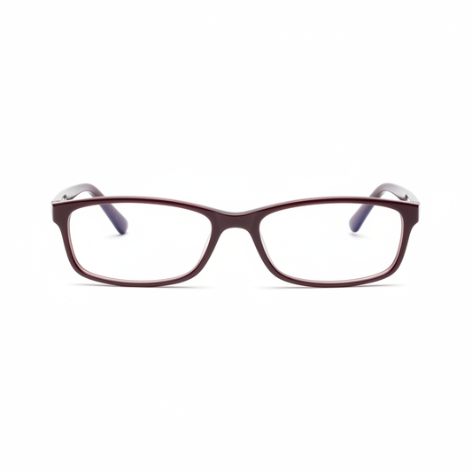 Women's slim rectangle reading glasses with glossy burgundy frame front view on white background