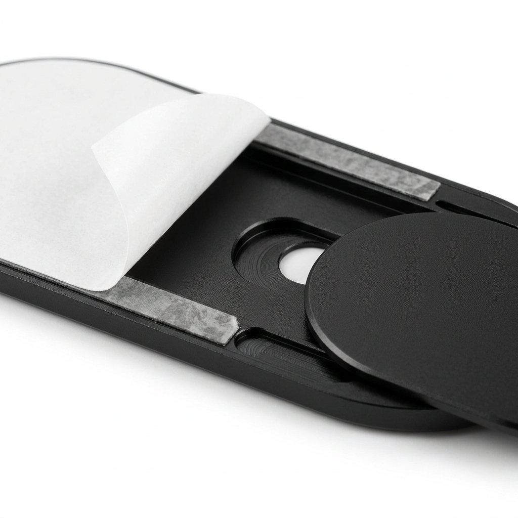 Detail close-up of webcam cover showing 0.7mm thin sliding rail channel and adhesive backing on white background