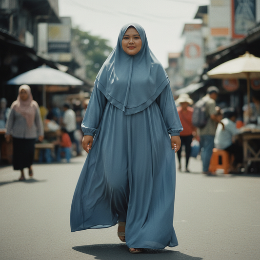 Indonesian Muslim woman dusty blue loose modest maxi dress walking
