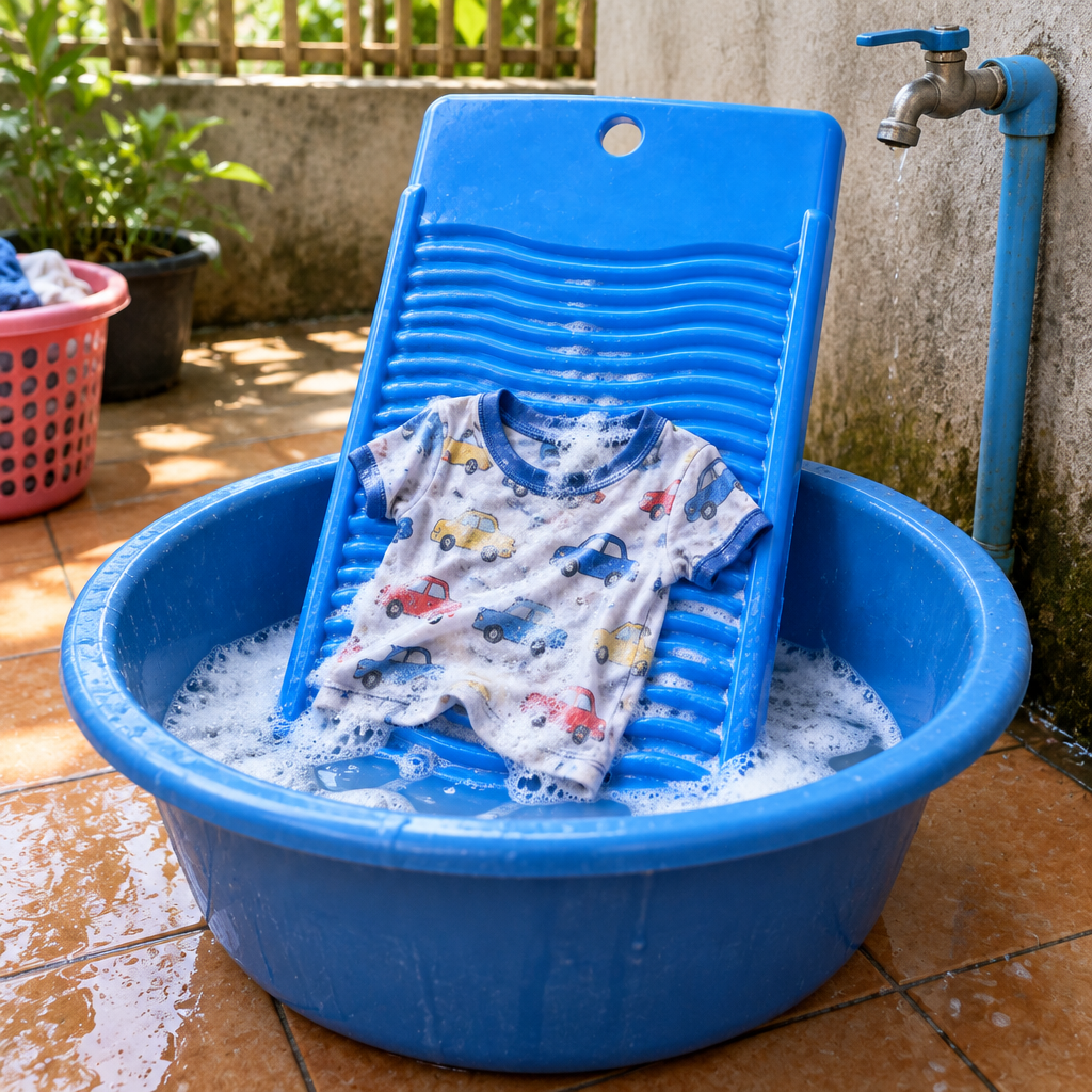 Plastic washing board in a basin with a soapy small t-shirt in a household laundry corner
