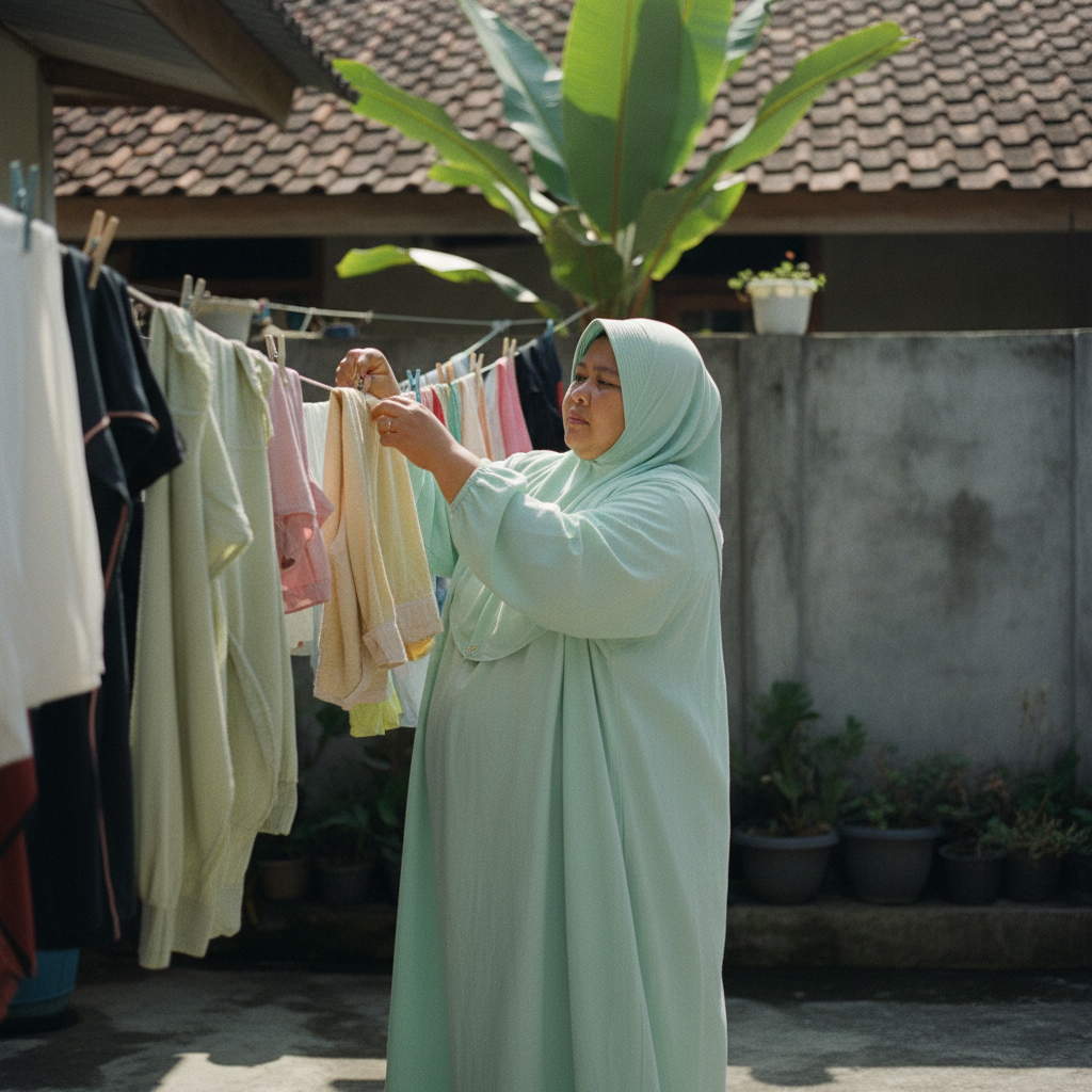 Indonesian Muslim woman mint green breathable modest dress at home