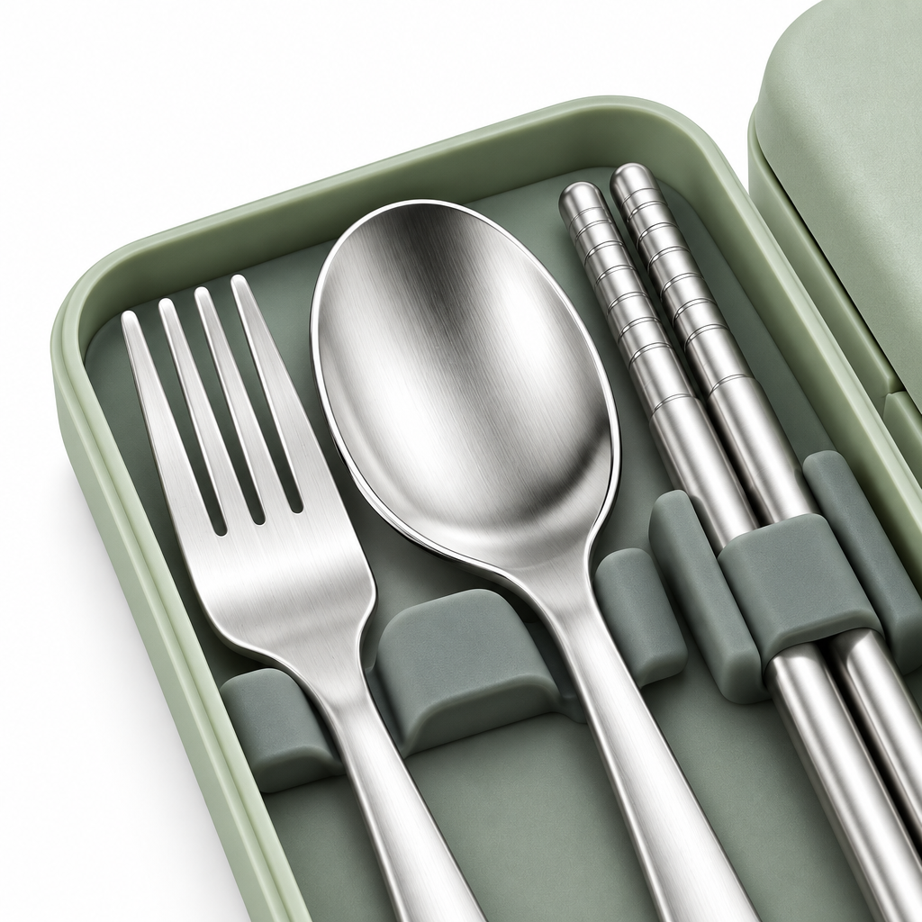 Close-up of the stainless steel fork, spoon, laser-grooved chopstick tips, and anti-rattle silicone slot insert