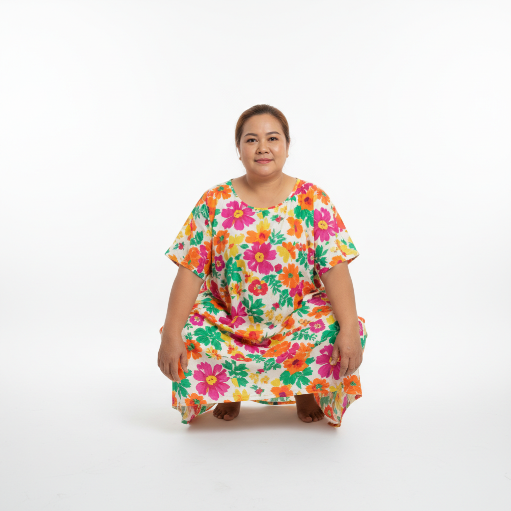 Thai middle-aged plus size woman squatting pose floral cotton dress