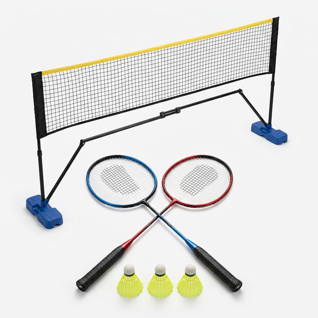 Portable outdoor badminton set arranged for recreational games in a garden or park.