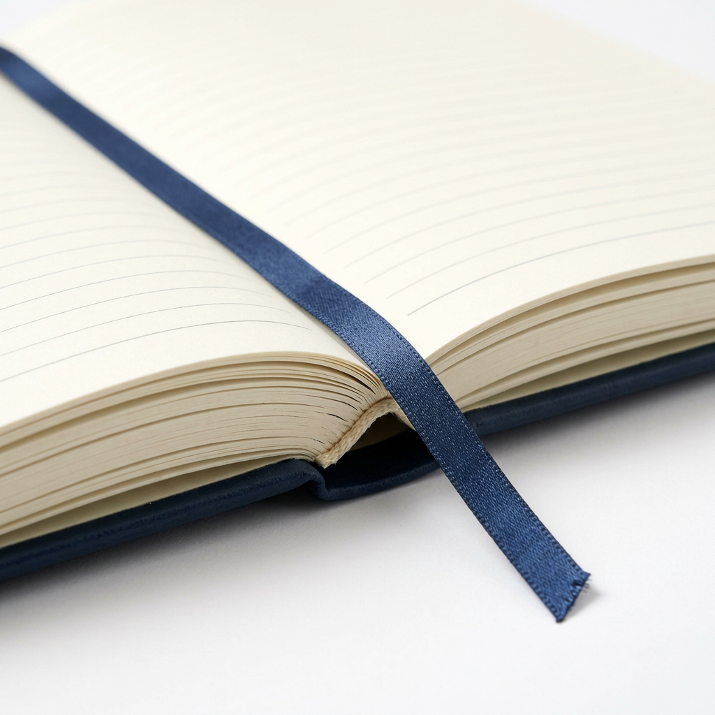 Detail close-up of open hardcover notebook showing 180-degree lie-flat Smyth-sewn binding and cream Daolin paper ruling on white background