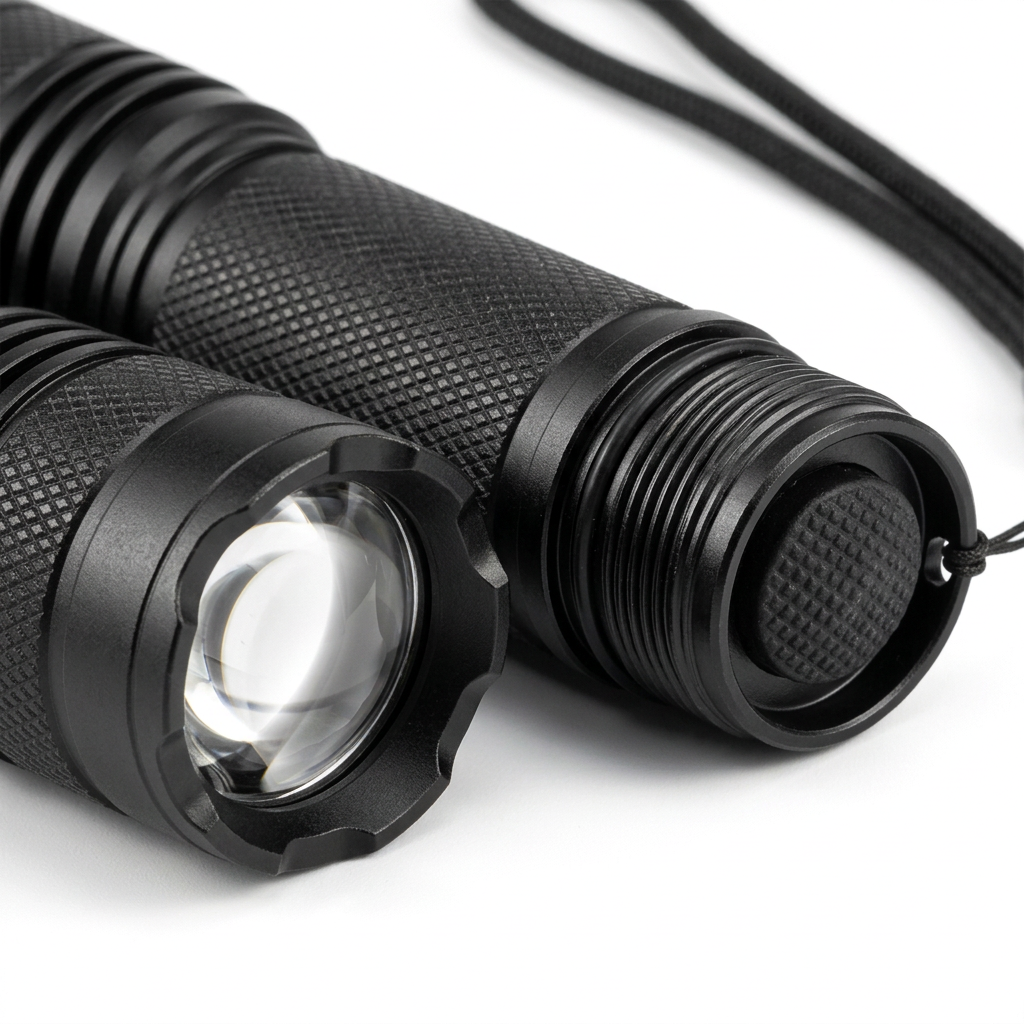 Detail close-up of mini flashlight showing convex optical lens, diamond knurled aluminum barrel, and tailcap on white background