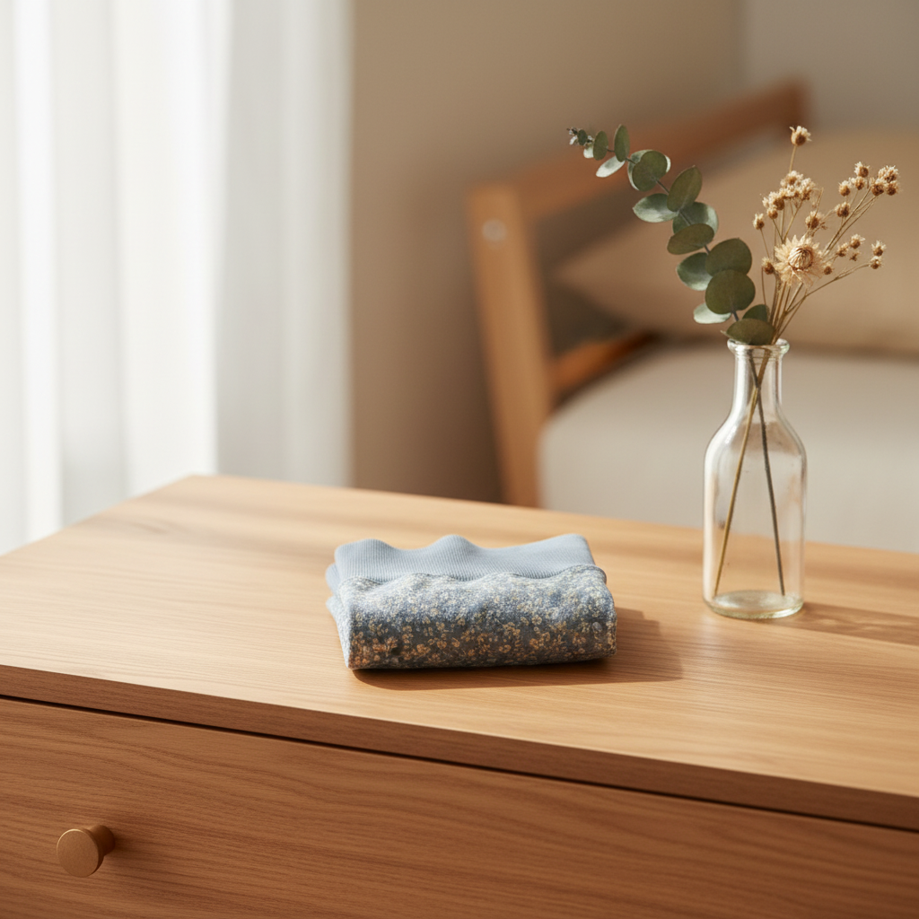 Lifestyle view of floral cotton briefs folded on a wooden bedroom dresser