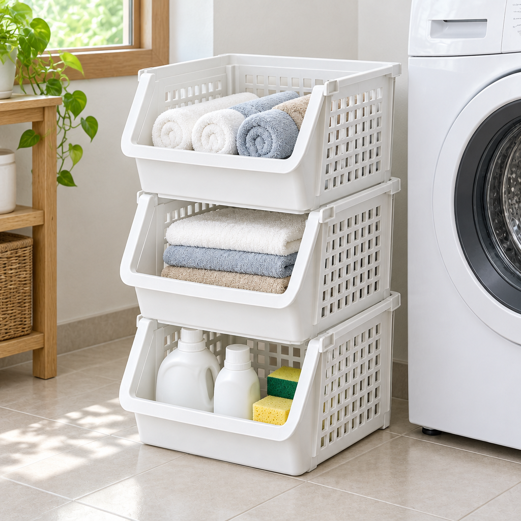Three stacked storage baskets holding towels and laundry supplies beside a washing machine