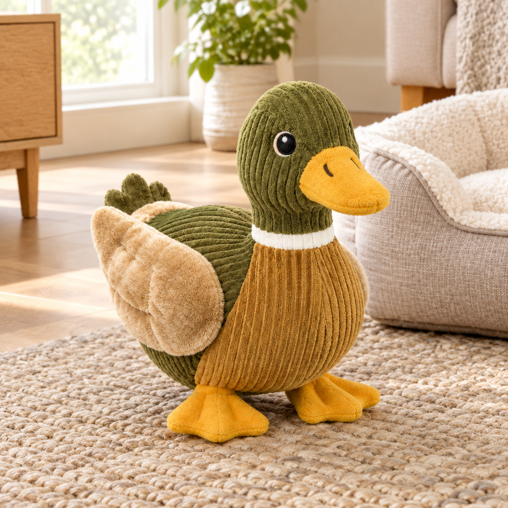 Plush corduroy duck dog toy on neutral woven pet rug in bright modern living room