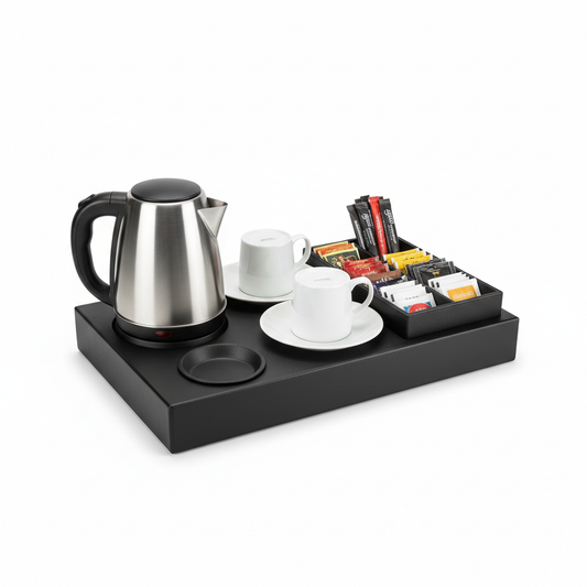 Hotel coffee and tea tray set with kettle and mugs on white background
