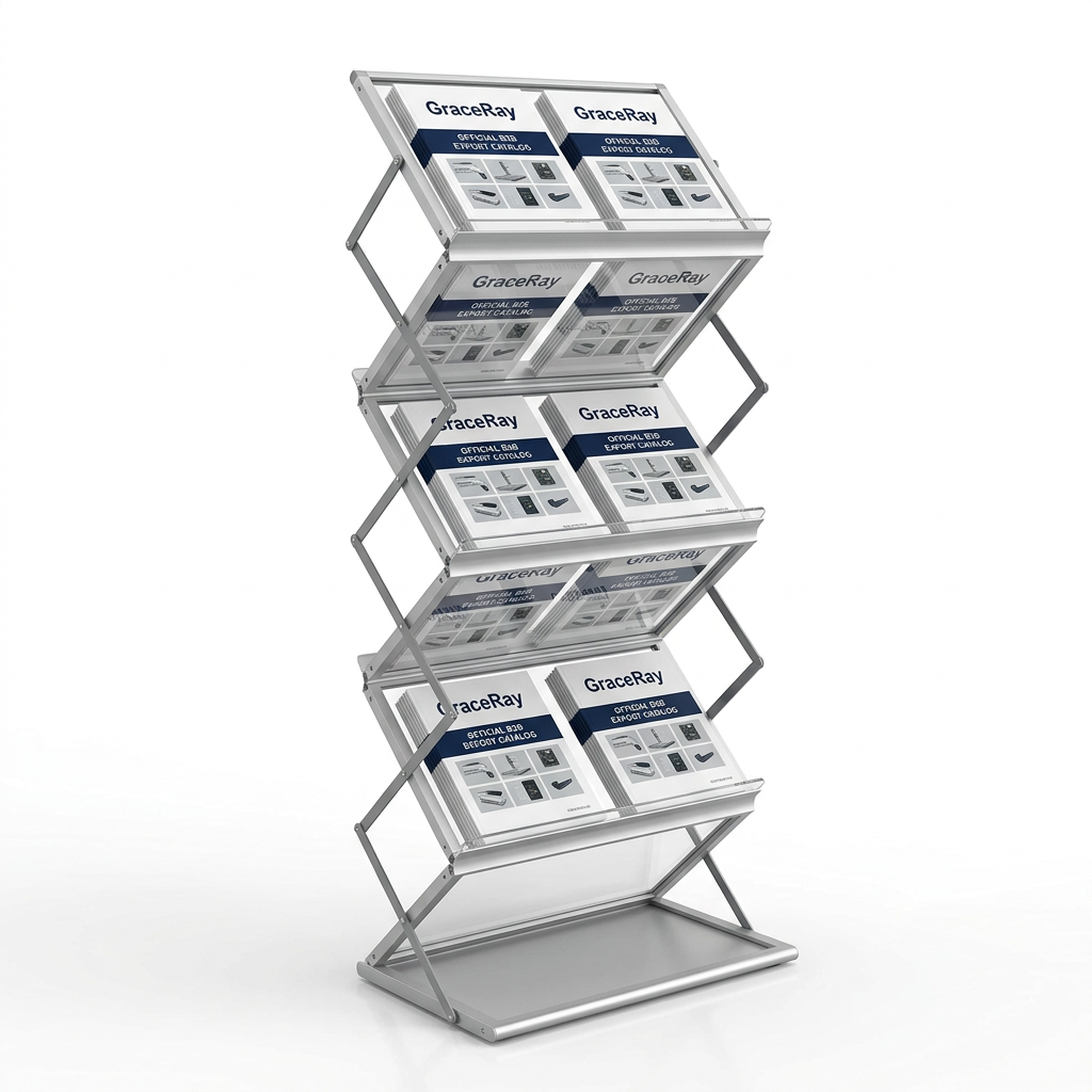 Portable brochure display stand holding printed catalogs and leaflets at an exhibition booth.