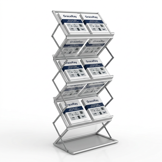 Portable brochure display stand holding printed catalogs and leaflets at an exhibition booth.