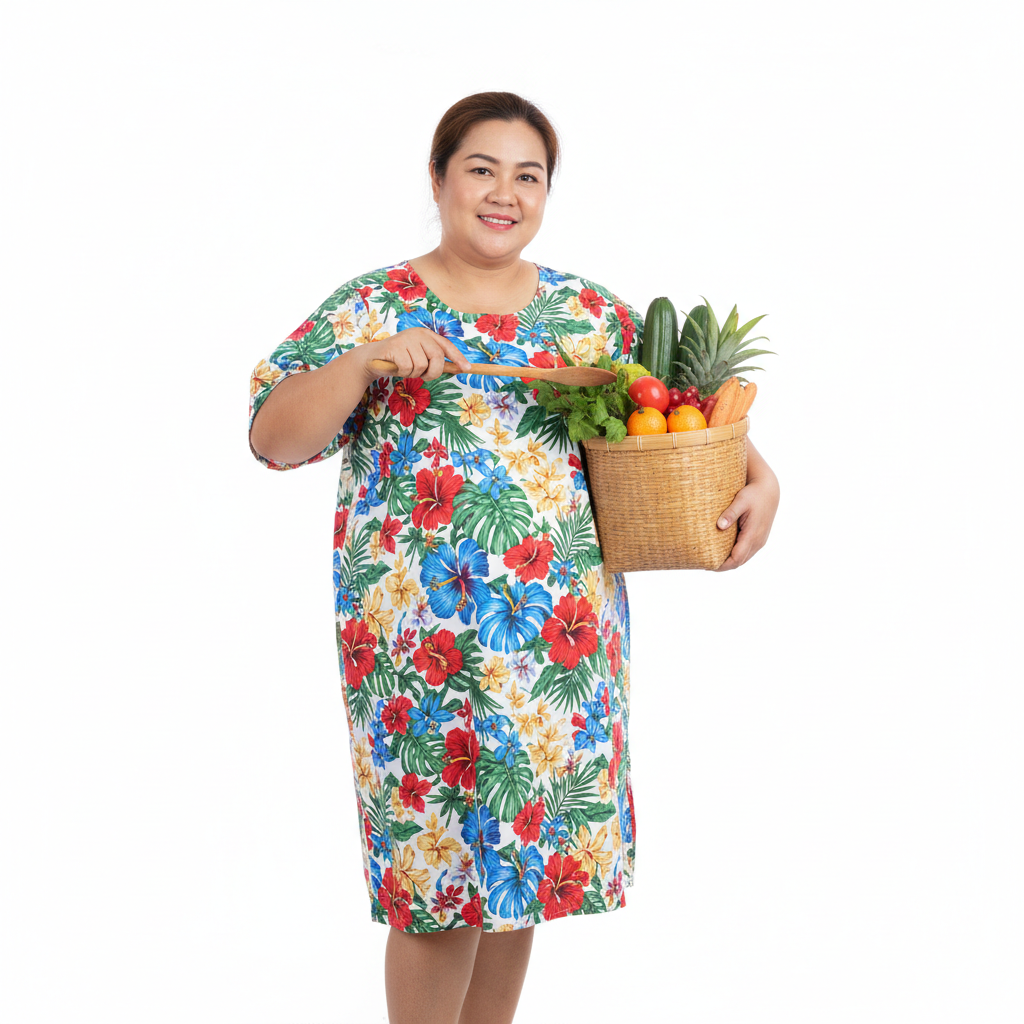 Thai middle-aged plus size woman working pose floral cotton dress