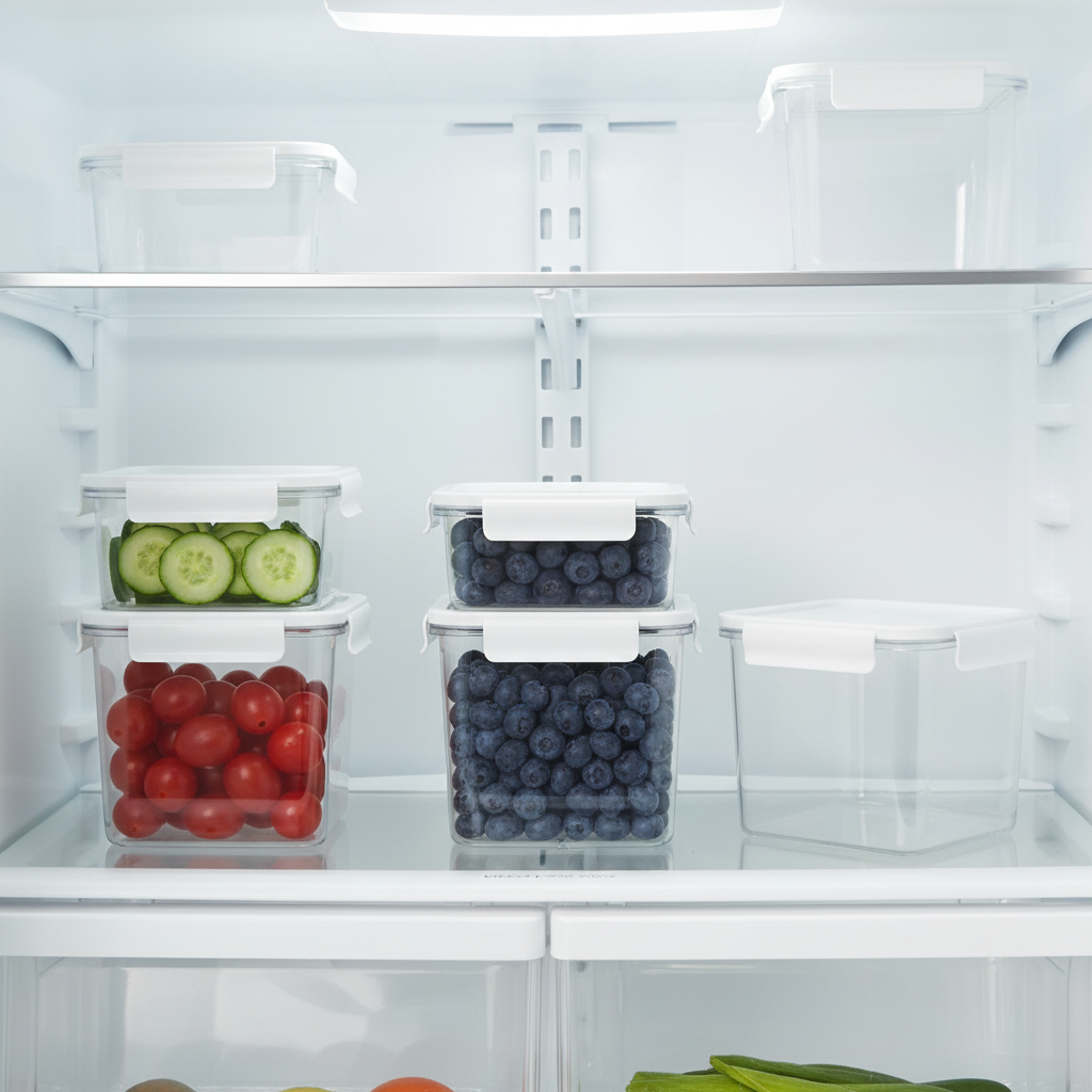 Multiple straight-sided food containers stacked neatly inside illuminated modern refrigerator