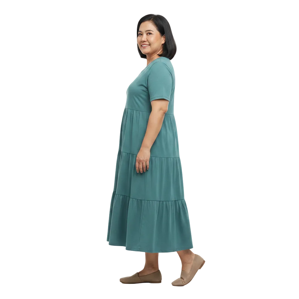 Side profile view of V-neck tiered midi dress on white background