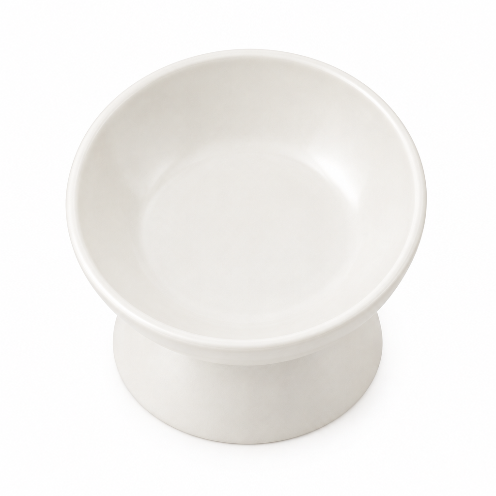 Top-down view of wide shallow whisker friendly feeding surface of tilted cat bowl