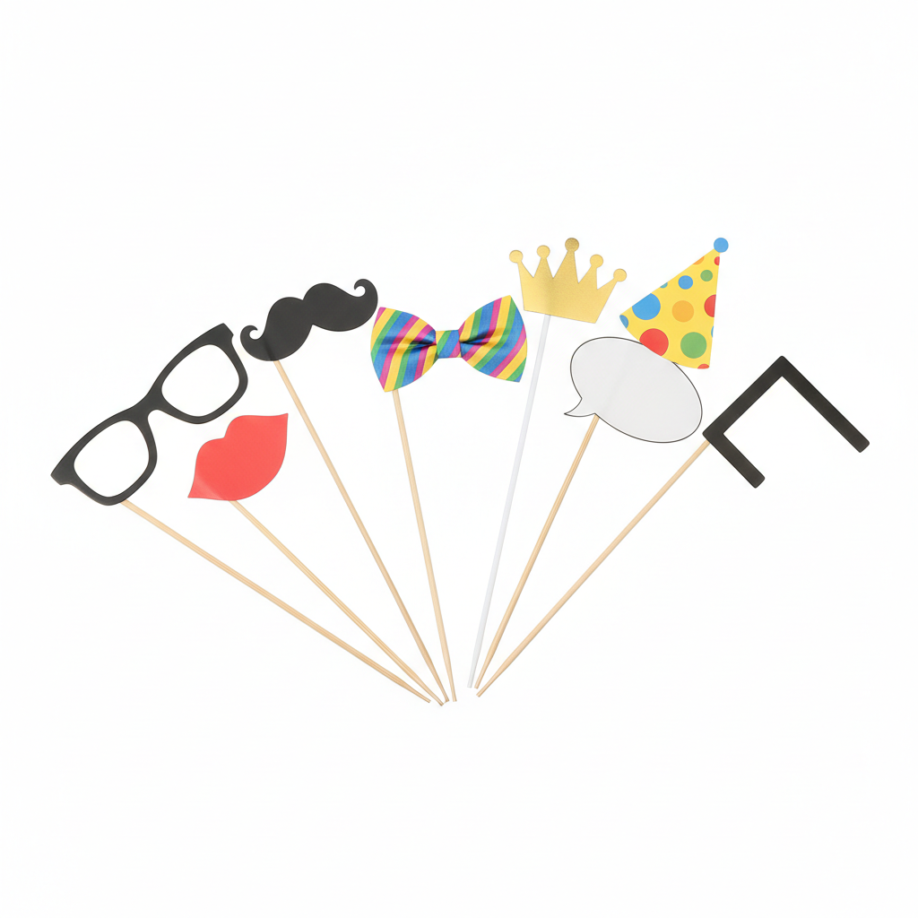 Assorted handheld party photo booth props including glasses, moustache, lips, bow tie, crown and party hat on a pure white background.