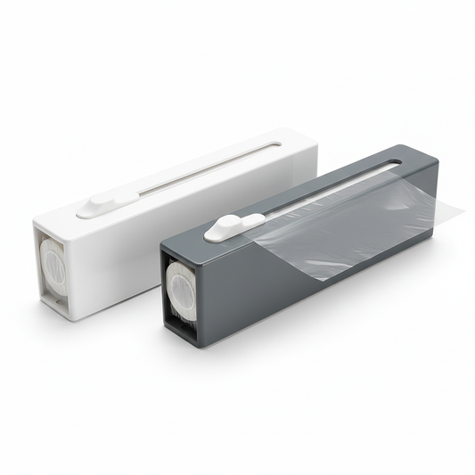 Kitchen wrap and foil dispensers in white and gray finishes on pure white background