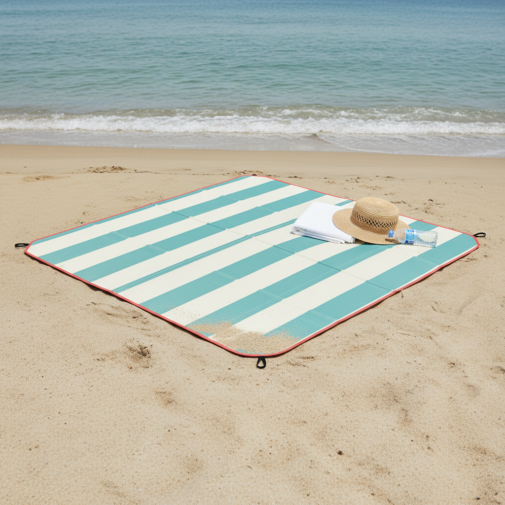 Aqua-blue and cream striped portable beach mat fully opened on sand near the shoreline with a towel, straw hat and water bottle at one edge.