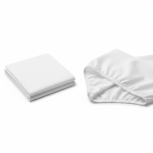 White hotel fitted bed sheet folded and corner turned to show deep pocket elastic band detail on white background, commercial hospitality linen with elasticated corner construction
