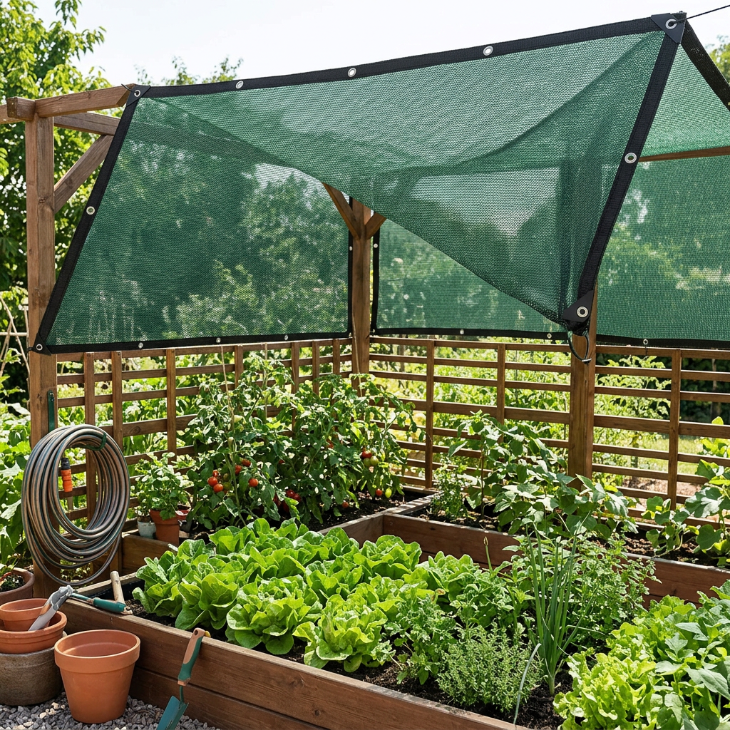 Garden shade net installed taut overhead on wooden garden frame casting gentle cooling shade over lush vegetable growing beds in bright sunlight