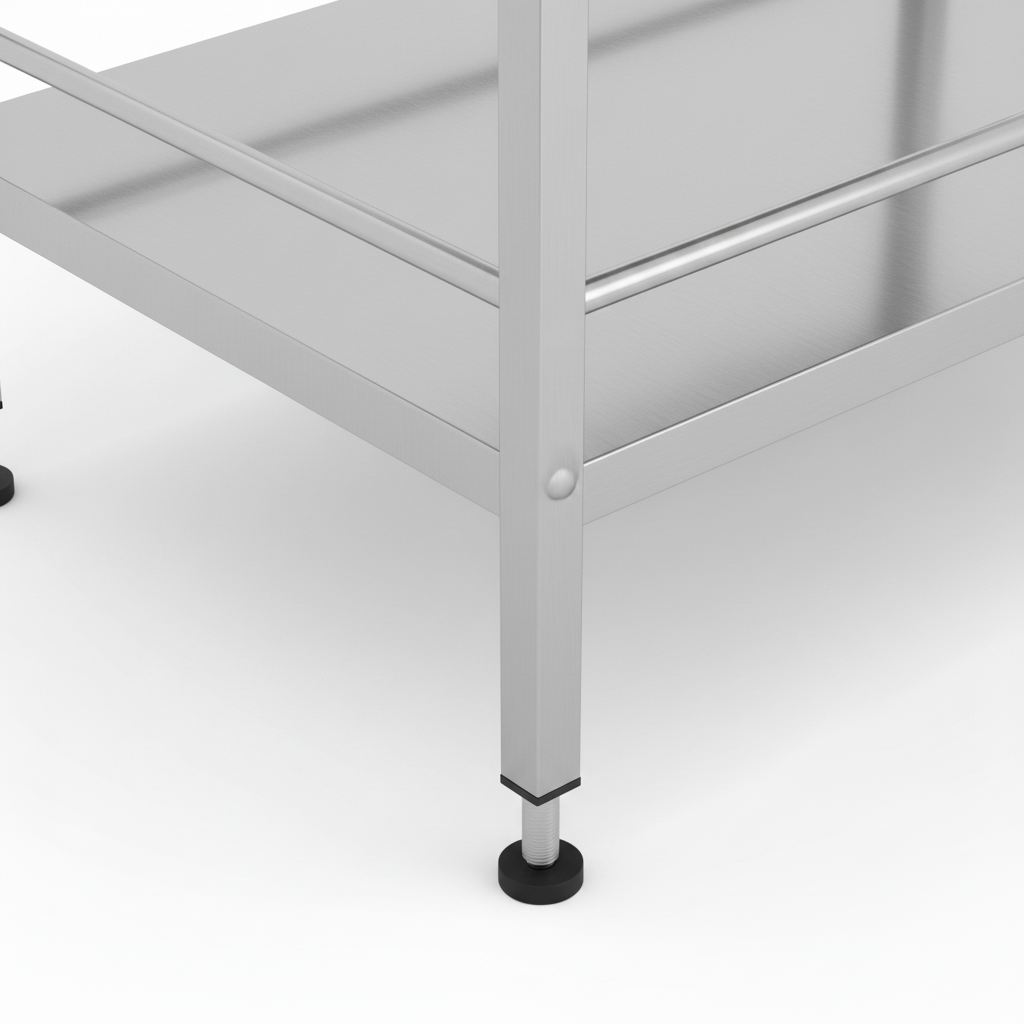 Close-up of brushed stainless steel corner, guardrail, and leveling foot on storage rack