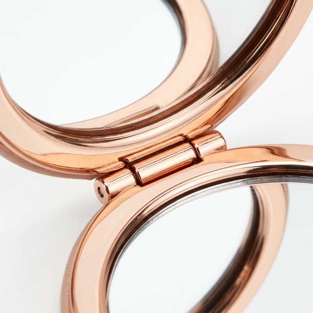 Detail close-up of folding compact mirror showing polished metal hinge and glass mirror bevel on white background