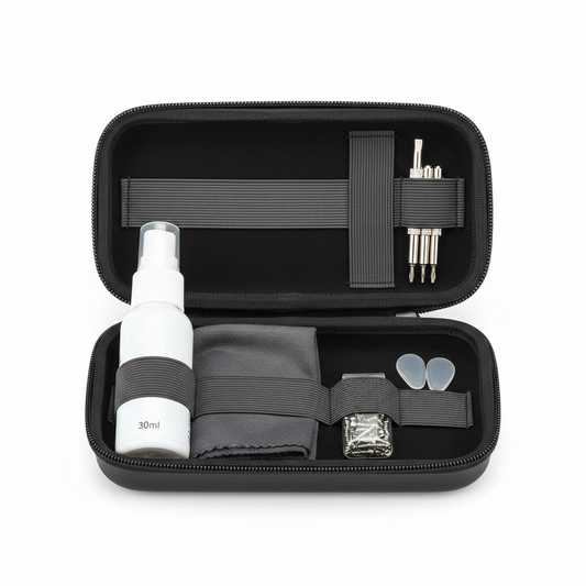 Portable eyewear cleaning and repair travel kit open in zippered EVA case on white background