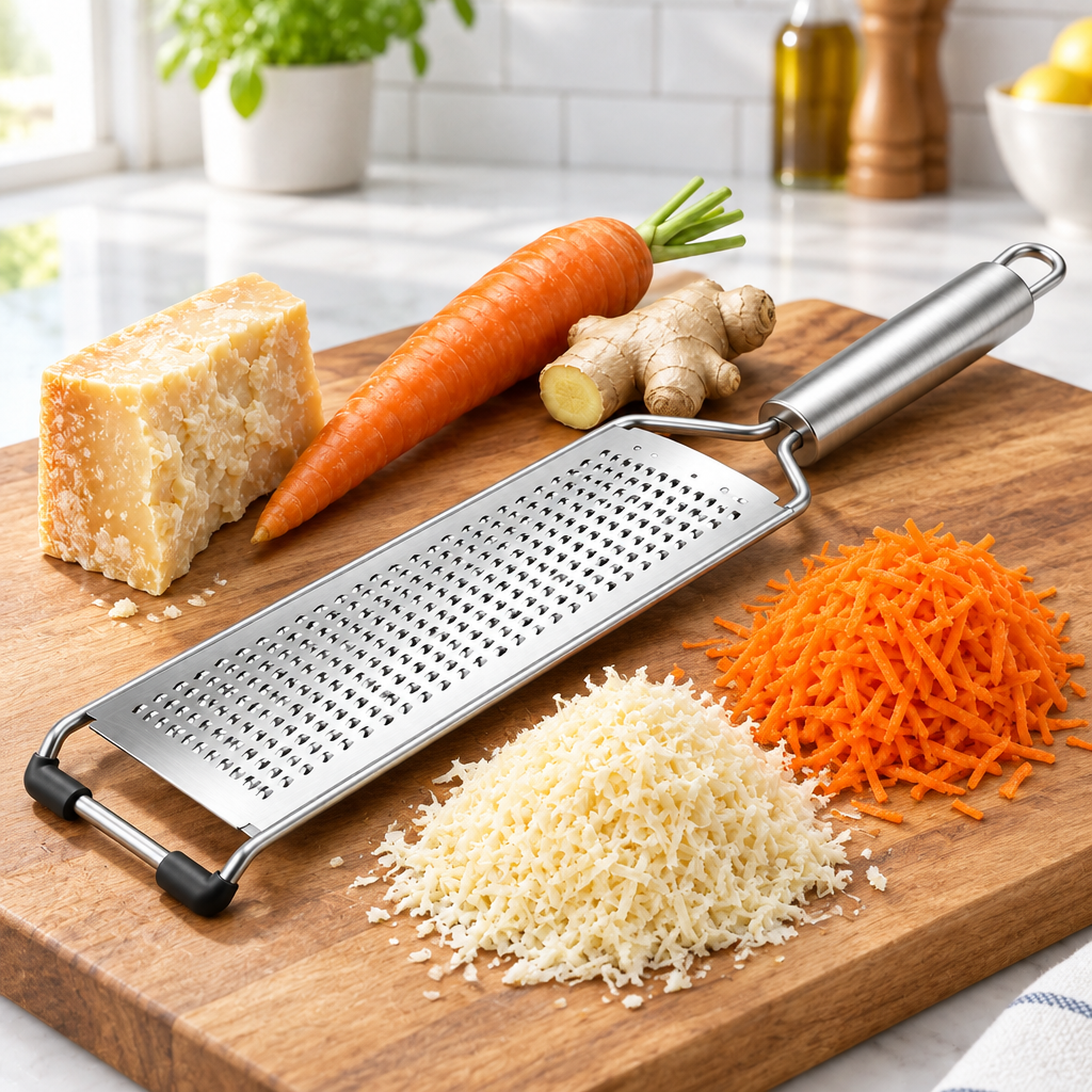 Stainless steel kitchen grater on wooden cutting board with fresh carrot ginger and grated cheese on kitchen countertop