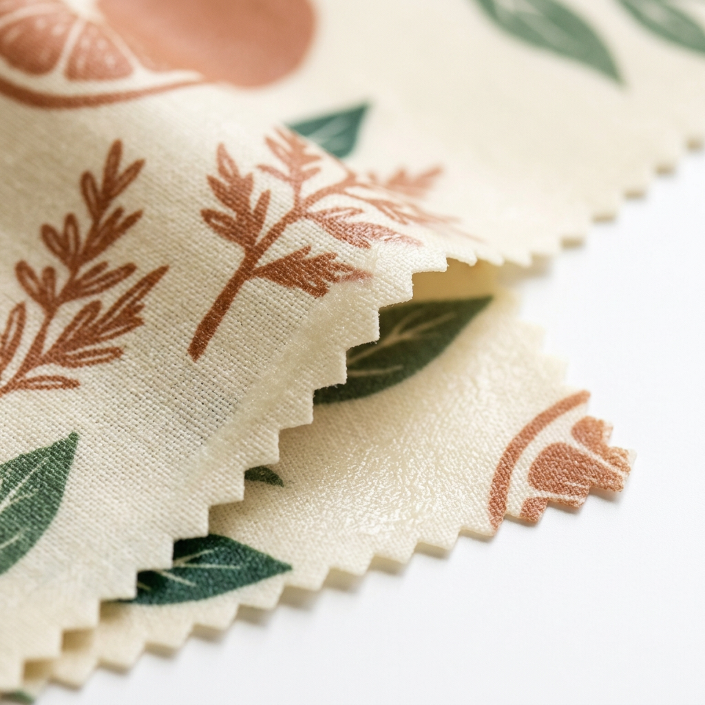 Detail close-up of reusable food wrap showing zigzag pinked edge cut and coated fabric texture on white background