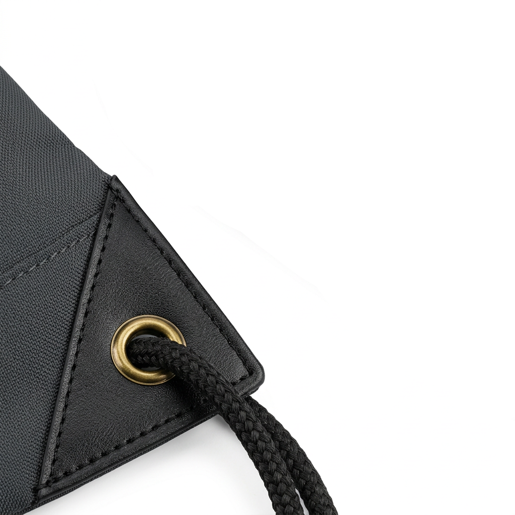 Detail close-up of promotional drawstring bag showing reinforced PU corner triangle patch, brass grommet, and crisp GraceRay printing on white background