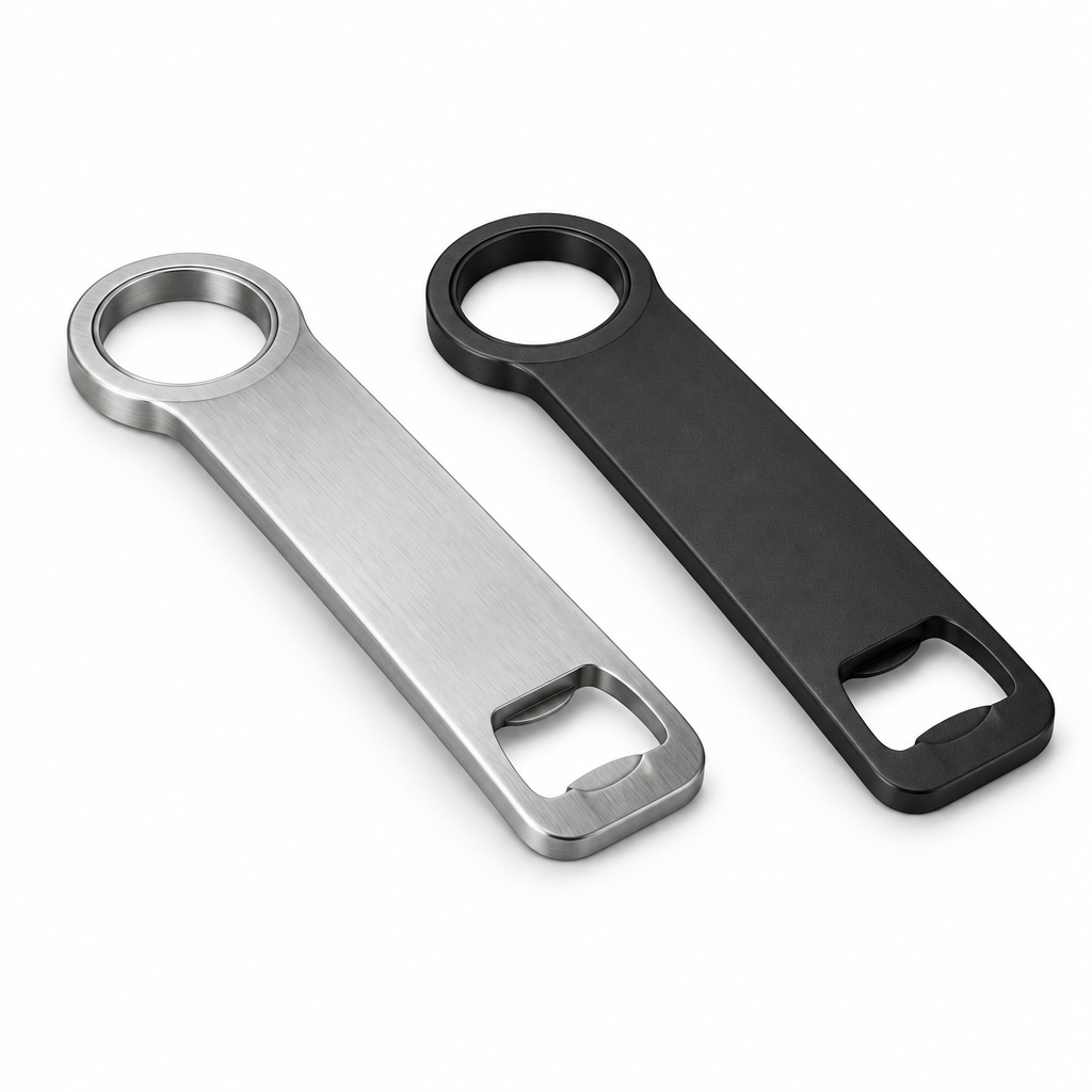 Flat speed bottle openers in brushed silver stainless steel and modern matte black finishes on pure white background
