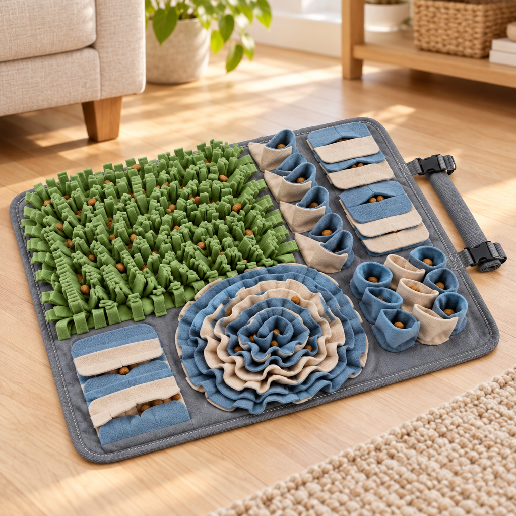 Rectangular dog snuffle mat on living room hardwood floor with dry pet treats hidden among fleece folds for foraging