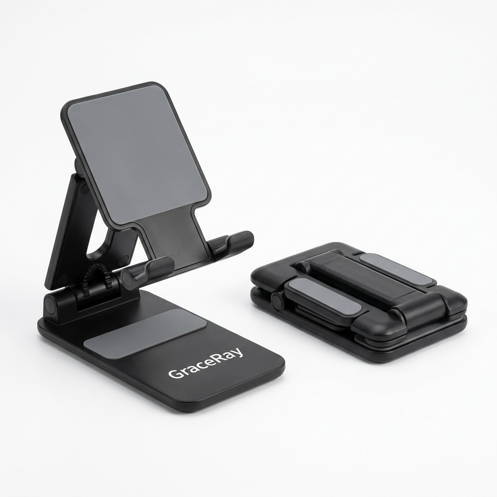 Foldable promotional phone stand with a custom logo, designed to support a smartphone on a desk.