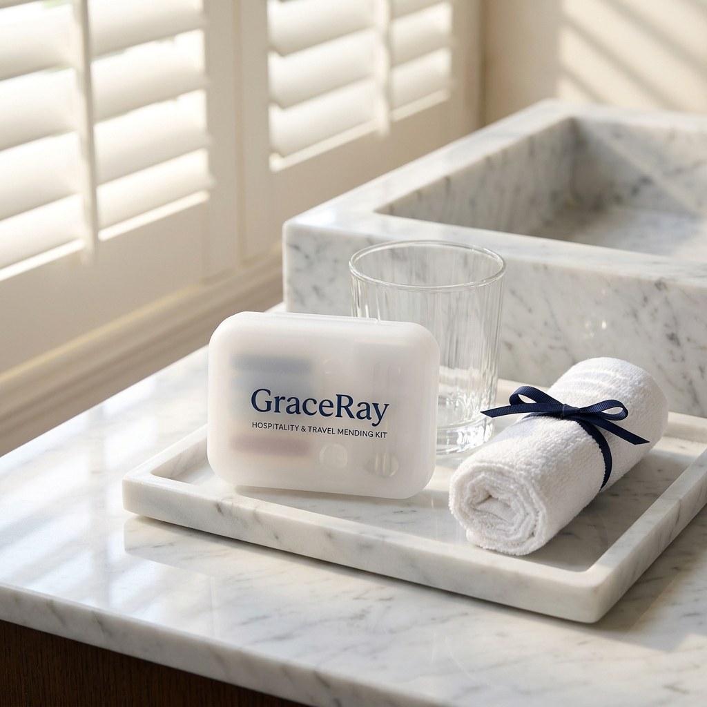 Mini sewing kit displayed on a marble bathroom vanity tray in a boutique hotel room