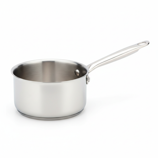 Stainless steel saucepan with ergonomic long handle and flared rim on pure white background