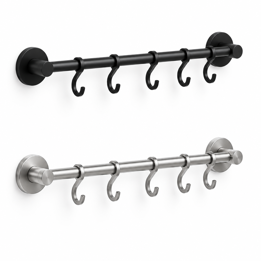 Hanging kitchen utensil rack rails in black and silver finishes on pure white background