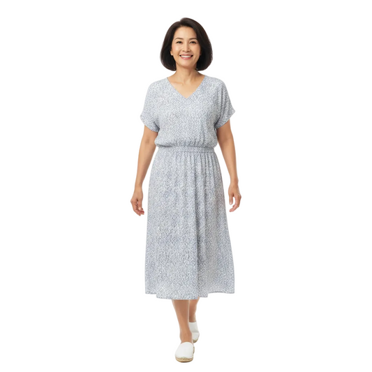 Front view of v-neck elastic waist printed midi dress on white background